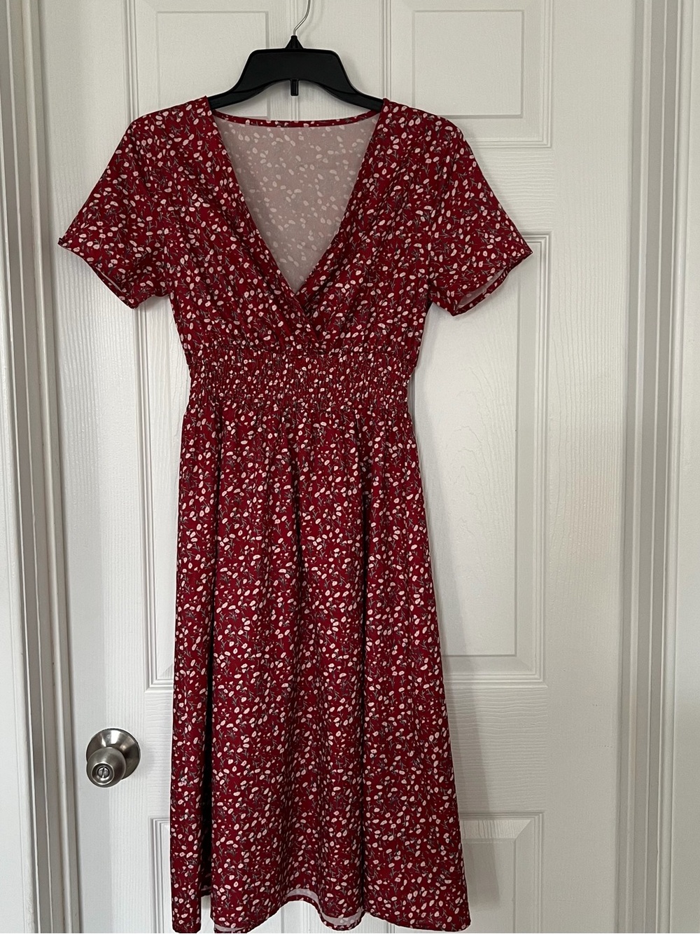 SHEIN Red Floral V-Neck Smocked Waist Midi Dress